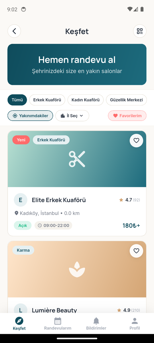 Randevu Sayfası Keşfet ekranı